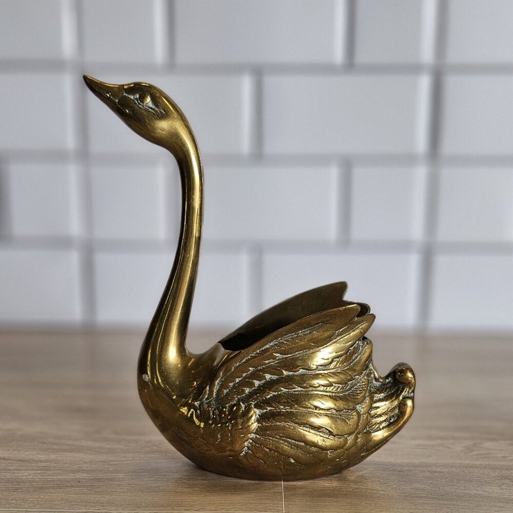 Vintage Mid Century Brass Swan Long Neck 7.5” Planter Figurine Trinket Box